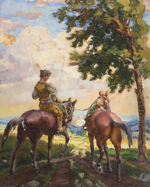 Rider With Two Horses Oil Painting by Cyril Jancalek