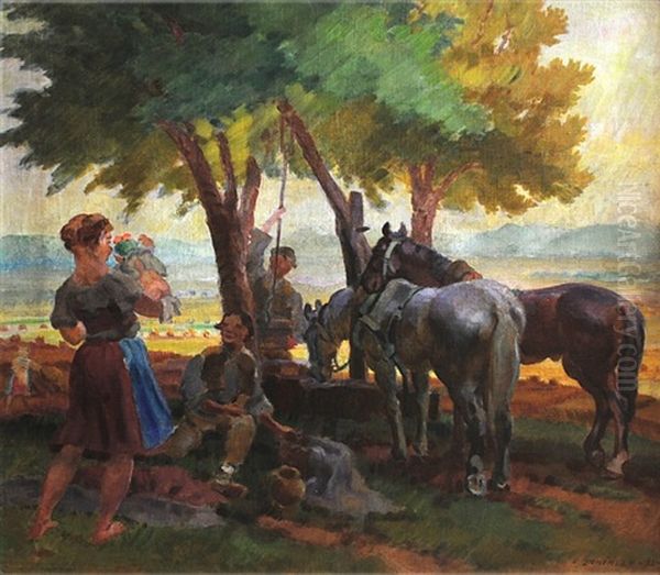 Horses At A Will Oil Painting by Cyril Jancalek