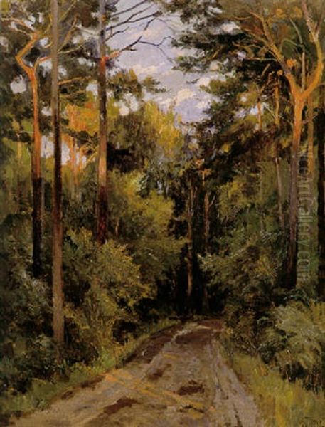 Waldweg Mit Sonnigem Lichteinfall Oil Painting by Hermine Von Janda