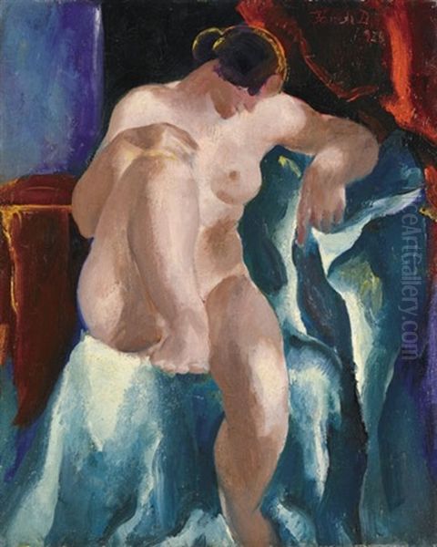 Nude In Front Of A Red Lambrequin Oil Painting by David Jandi