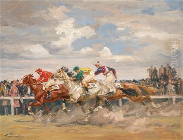 Horse Racing Oil Painting by Angelo Jank