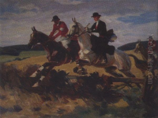 Pferde Mit Reiter, Uber Ein Hindernis Springen Oil Painting by Angelo Jank