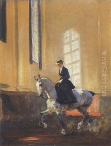 Dame Zu Pferd In Der Reithalle Oil Painting by Angelo Jank