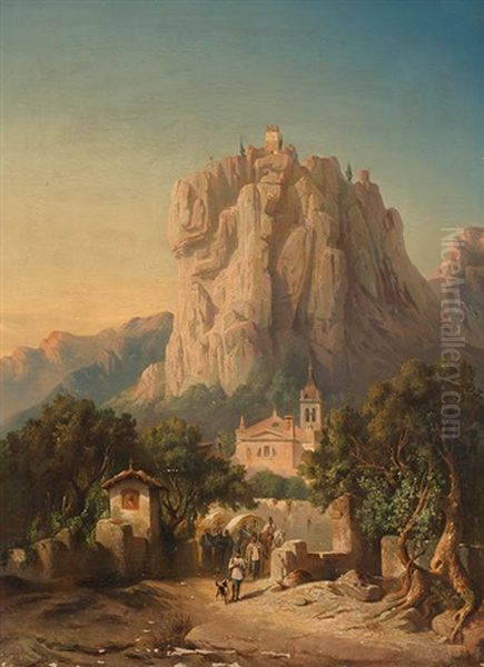 Die Poststrase An Der Burg (soldaten In Balkanlandschaft Mit Meteora Kloster) Oil Painting by Christian Jank