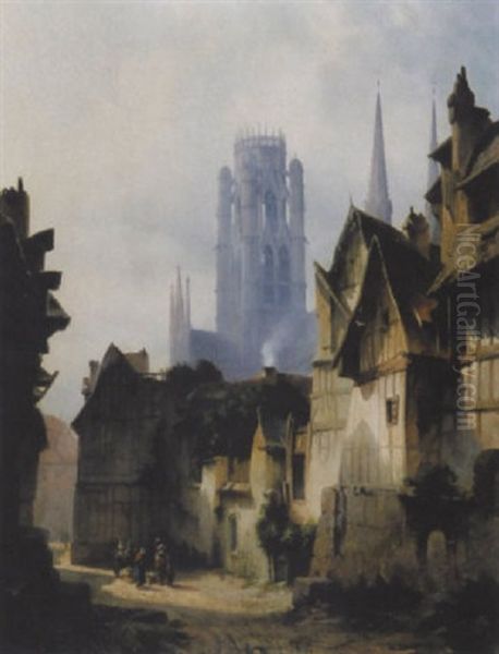 Belebte Gasse In Rouen Mit Blick Auf Die Kathedrale Oil Painting by Christian Jank