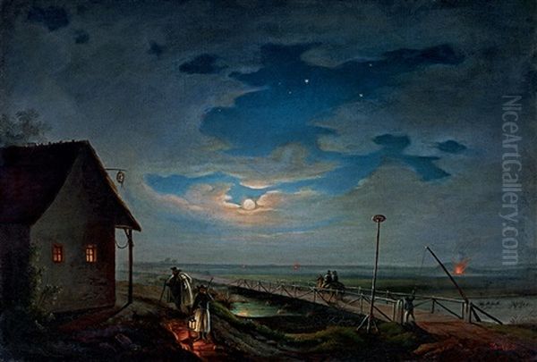 Evening Rest In Hungary By Moonlight (the Toll By Szolnok) Oil Painting by Janos Janko