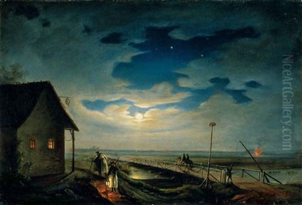 Holdfenyes Magyarorszag (moonlit Hungary) Oil Painting by Janos Janko