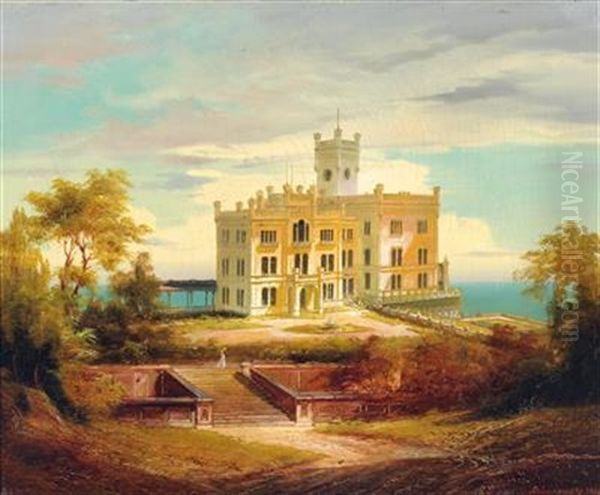 Miramare Castle Near Trieste Oil Painting by Johann Wilhelm Jankowski