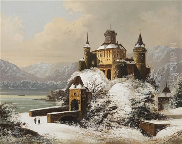 A Castle By The Lake Oil Painting by Johann Wilhelm Jankowski