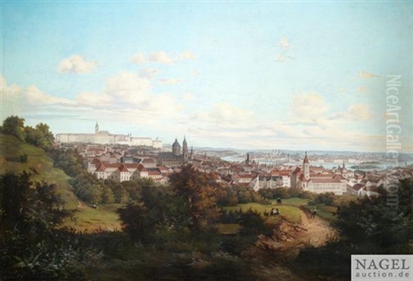 Blick Auf Die Prager Kleinseite Mit Der Karlsbrucke, St. Niklas Und Dem Hradschin. Oil Painting by Johann Wilhelm Jankowski