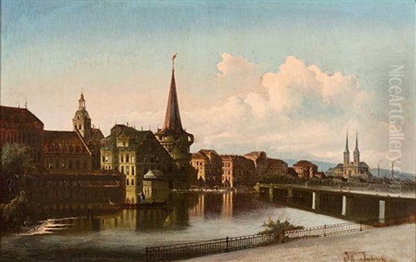 Blick Auf Mittelalterliche Stadt Am Fluss (in Bohmen?) Oil Painting by Johann Wilhelm Jankowski