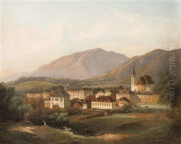 Bad Ischl-ansicht Mit Der Kalvarienkapelle Oil Painting by Johann Wilhelm Jankowski