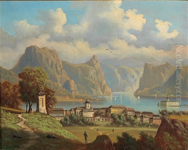 View Of Gmunden And Ort Castle Near Traunsee Oil Painting by Johann Wilhelm Jankowski