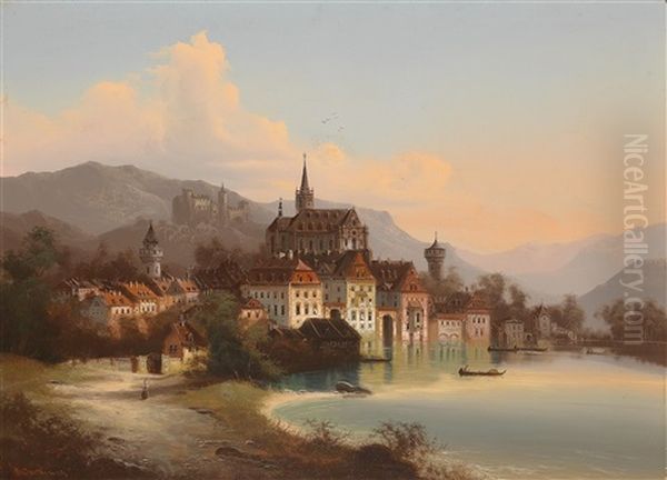 Lakeside Town Oil Painting by Johann Wilhelm Jankowski