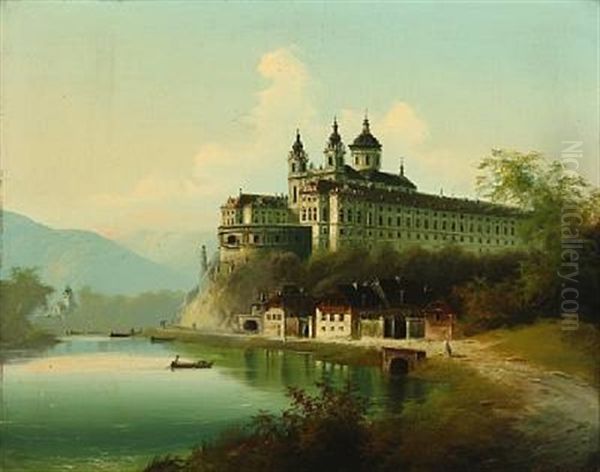 View Of The Melk Abbey At The Danube Oil Painting by Johann Wilhelm Jankowski