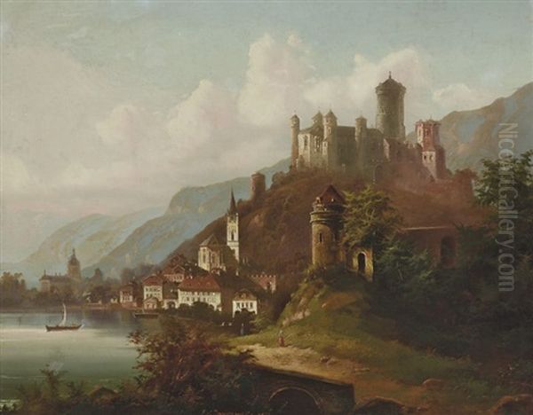 Stadtchen Mit Burg Am Seeufer Oil Painting by Johann Wilhelm Jankowski