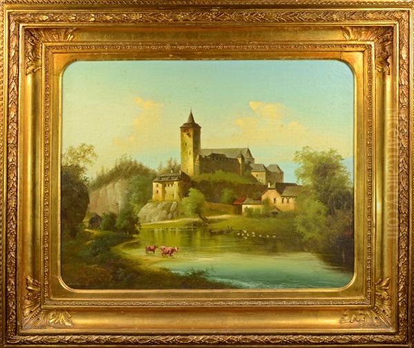 Romantic Castle With A Lake Oil Painting by Johann Wilhelm Jankowski