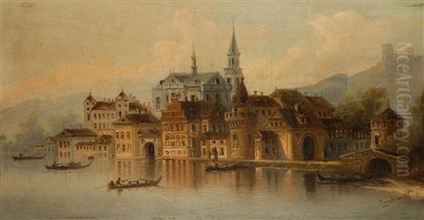 Stadt Am Fluss Oil Painting by Johann Wilhelm Jankowski