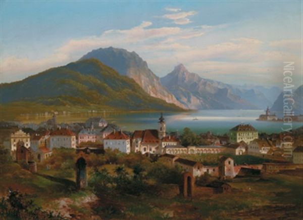 Blick Auf Gmunden Oil Painting by Johann Wilhelm Jankowski