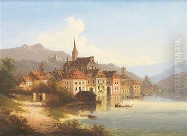 Blick Uber Den Hochwasser Fuhrenden Neckar Auf Heidelberg Mit Dem Schloss Oil Painting by Johann Wilhelm Jankowski