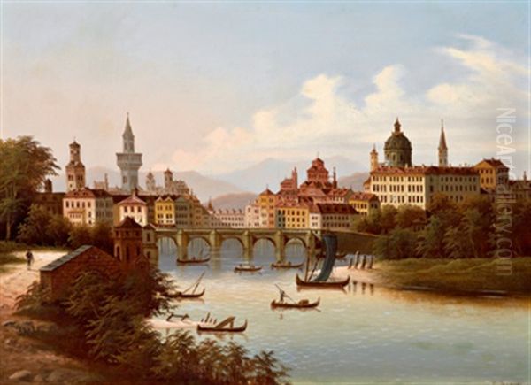 Grose Stadtansicht Am Flus Oil Painting by Johann Wilhelm Jankowski