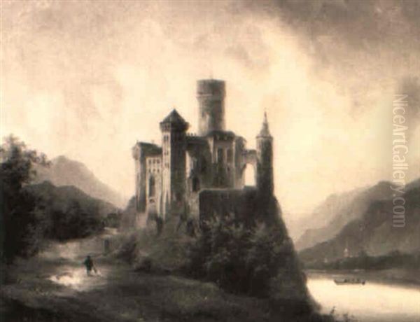 Burg Uber Einem Flus Oil Painting by Johann Wilhelm Jankowski