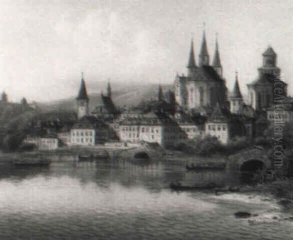 Suddeutsche Stadt Am See (erfurt?) Oil Painting by Johann Wilhelm Jankowski