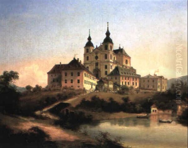 View Of A Church In A River Landscape Oil Painting by Johann Wilhelm Jankowski