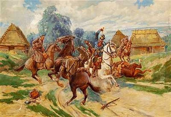 Cossacks Fighting Prussian Cavalry Officer Oil Painting by Stanislaw Jankowski