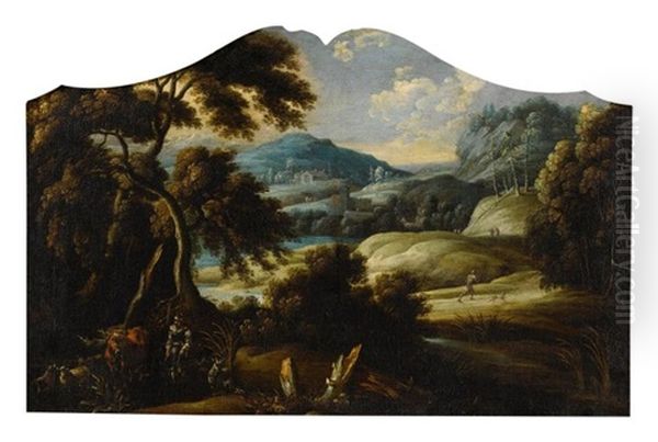 A Landscape With A Shepherd With His Cattle And Sheep, A Village And Mountains Beyond Oil Painting by Franz Christoph Janneck