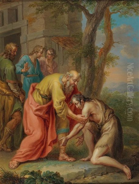 The Return Of The Prodigal Son; And The Good Samaritan Oil Painting by Franz Christoph Janneck