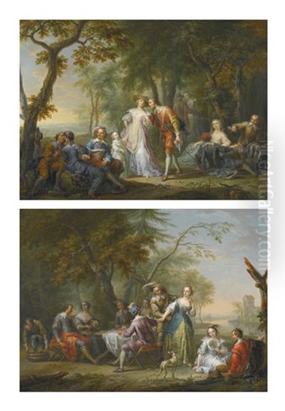 An Elegant Company Merrymaking In A Wooded Landscape; An Elegant Company Dining And Merrymaking In A Wooded Landscape, Near The Banks Of A River Oil Painting by Franz Christoph Janneck