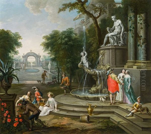 Elegant Scene In A Park With A Palace Architecture Oil Painting by Franz Christoph Janneck