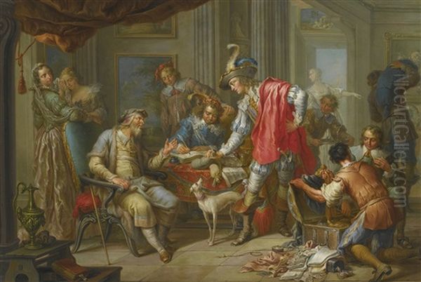 The Prodigal Son Takes Leave Of His Father; The Prodigal Son Spending His Money In Riotous Living (pair) Oil Painting by Franz Christoph Janneck