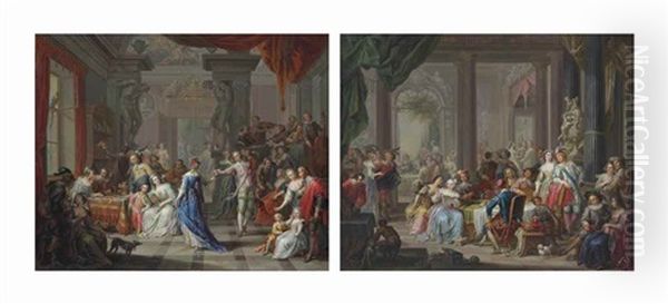 A Musical Banquet In A Palace; And Elegant Figures Dancing And Merrymaking In A Palace (pair) Oil Painting by Franz Christoph Janneck