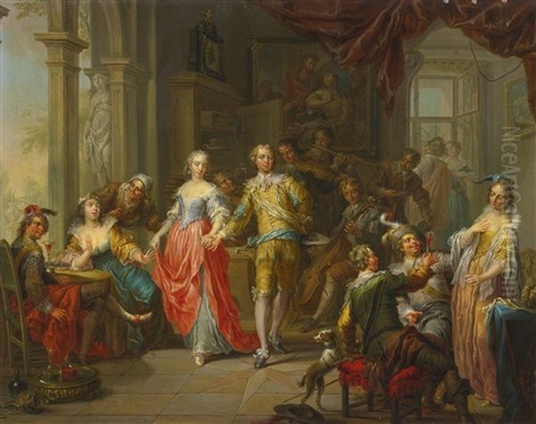 An Elegant Company, With Figures Playing Musical Instruments And Merrymaking In An Interior Oil Painting by Franz Christoph Janneck