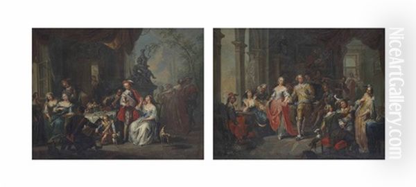 Elegant Company Dancing And Music Making In An Interior (+ Elegant Company Feasting In A Terrace; Pair) Oil Painting by Franz Christoph Janneck