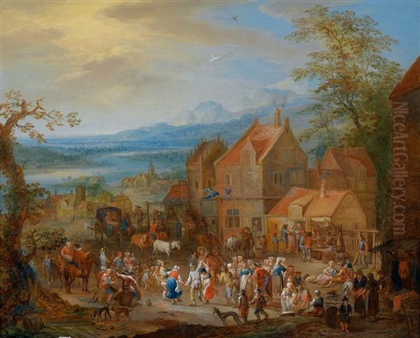 Jahrmarktstreiben Vor Der Kirche (+ Bauerntanz Vor Der Herberge; Pair) Oil Painting by Franz Christoph Janneck