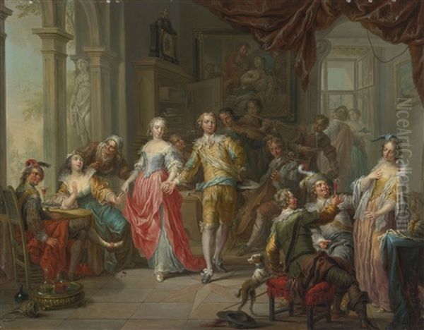 An Elegant Company, With Figures Playing Musical Instruments And Merrymaking In An Interior Oil Painting by Franz Christoph Janneck