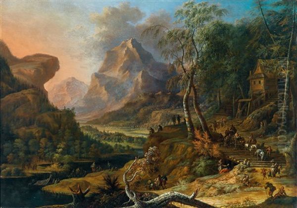 Reisende In Einer Berglandschaft Oil Painting by Franz Christoph Janneck