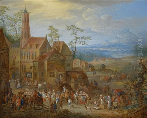 Jahrmarktstreiben Vor Der Kirche; Bauerntanz Vor Der Herberge (pair) Oil Painting by Franz Christoph Janneck