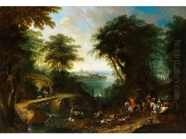 Landschaft Mit Hofischer Hirschjagd Oil Painting by Franz Christoph Janneck