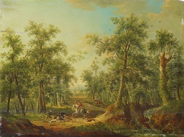 Waldlandschaft Mit Wildschweinjagd Oil Painting by Franz Christoph Janneck