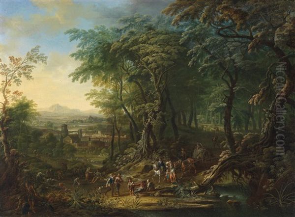 Bewaldete Landschaft Mit Reisenden Oil Painting by Franz Christoph Janneck