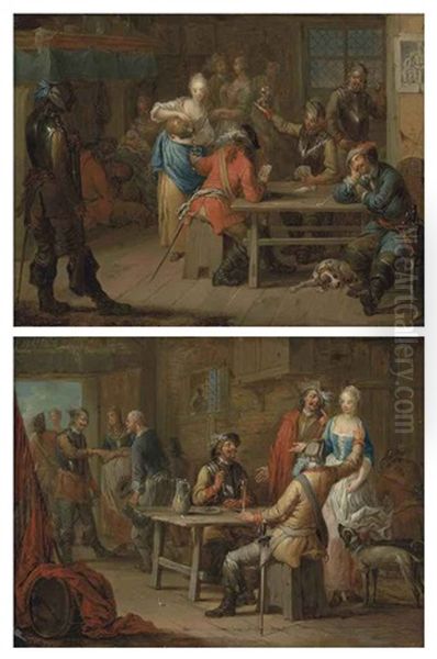 Soldiers Playing Cards In An Inn (+ Soldiers Merrymaking In An Inn; Pair) Oil Painting by Franz Christoph Janneck