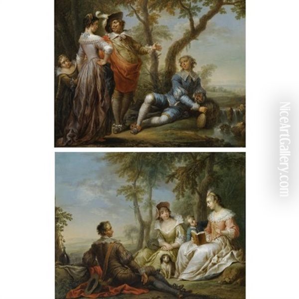 Elegant Company In A Wooded Landscape (pair) Oil Painting by Franz Christoph Janneck