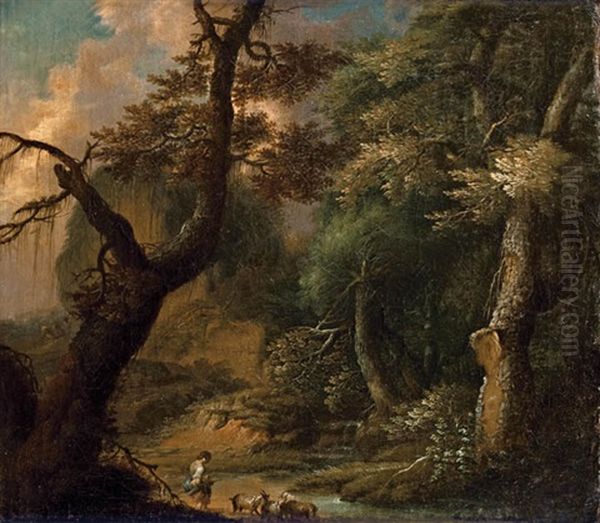 Waldlandschaft Mit Ziegenhirte Oil Painting by Franz Christoph Janneck