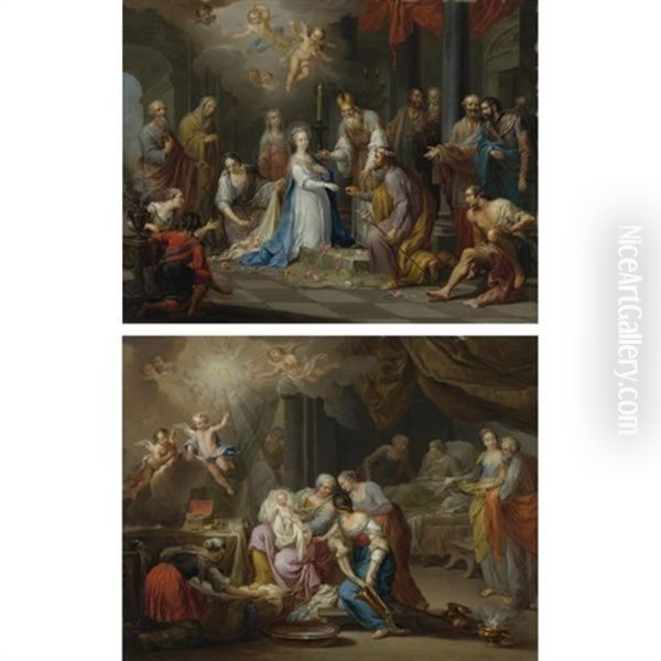 The Birth Of The Virgin (+ The Marriage Of The Virgin; 2 Works) Oil Painting by Franz Christoph Janneck