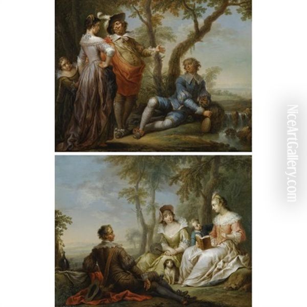 Elegant Company In A Wooded Landscape (pair) Oil Painting by Franz Christoph Janneck