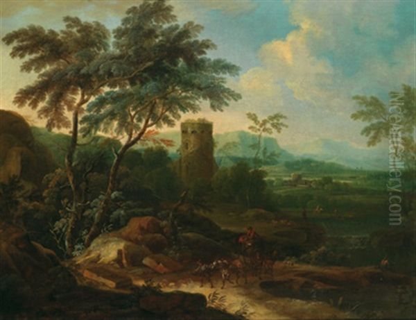 Bewaldete Flusslandschaft Mit Einem Turm, Reitern Und Vielen Figuren Oil Painting by Franz Christoph Janneck